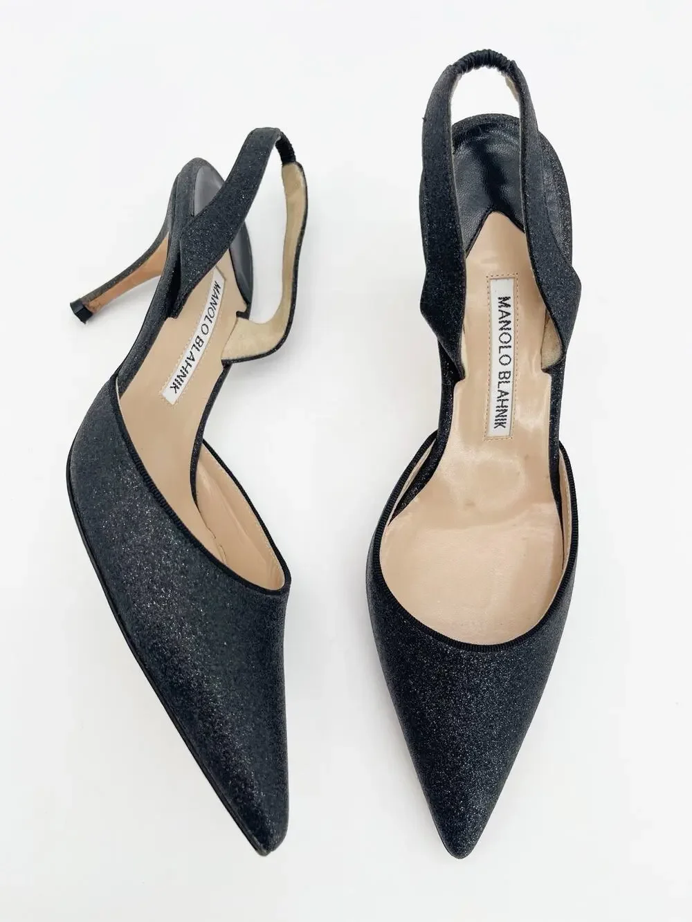 Manolo Blahnik Carolyne Black Glitter Pointed Toe Slingback Stiletto Heels IT 38